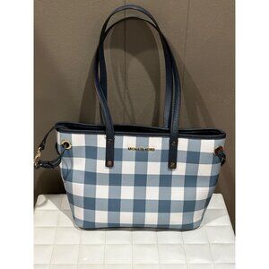Michael Kors Jet Set Blue & White Check Drawstring Tote with Bonus Zip Bag